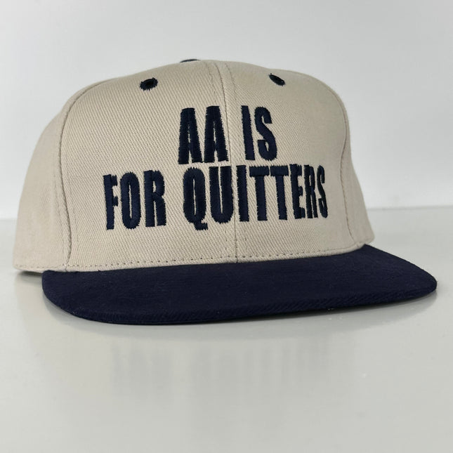 AA is for quitters in navy thread on khaki and navy Strapback hat custom embroidery