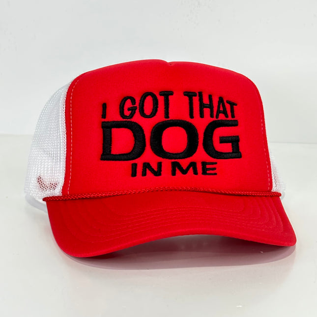 I GOT THAT DOG IN ME Red White Mesh￼ Trucker SnapBack Cap Hat Custom Embroidered ￼