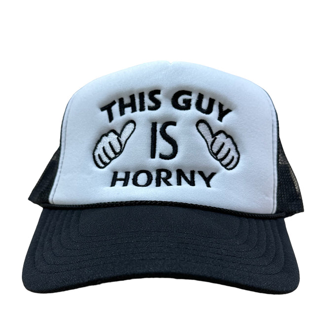 THIS GUY IS HORNY Mesh Black Trucker SnapBack Cap Hat Custom Embroidered ￼