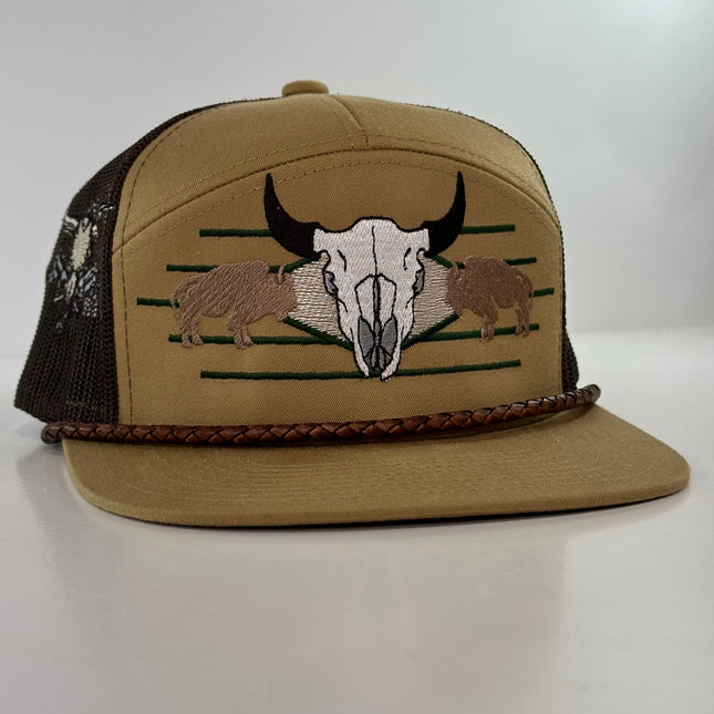 Buffalo & Cow Skull 7 Panel Leather Rope SNAPBACK Mesh Trucker Cap HAT Custom Embroidered