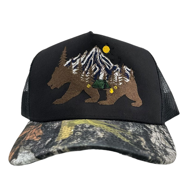 Bear mountain on a black crown black mesh camo brim custom embroidery