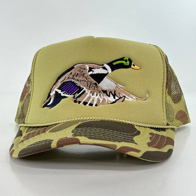 Mallard Duck Hat Mesh Trucker SnapBack Green CAMO Foam Front Cap Drake Mallard Custom Embroidery