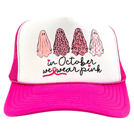 In October we wear a pink breast cancer awareness pink printed mesh trucker SnapBack hat cap