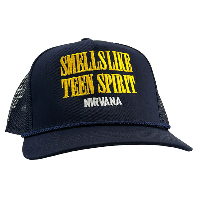 SMELLS LIKE TEEN SPIRIT NIRVANA NAVY MESH TRUCKER SNAPBACK CAP HAT CUSTOM EMBROIDERED