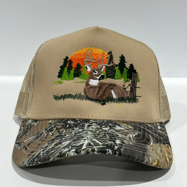 Deer Scenery Khaki Mesh CAMO Camouflage Brim SnapBack Trucker Hat Deer  Hunting Cap Custom Embroidered