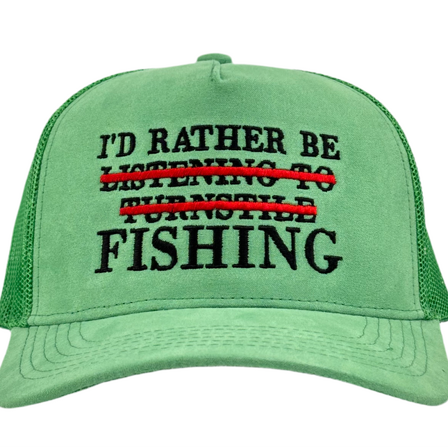 I’D RATHER BE FISHING SUEDE TRUCKER HAT