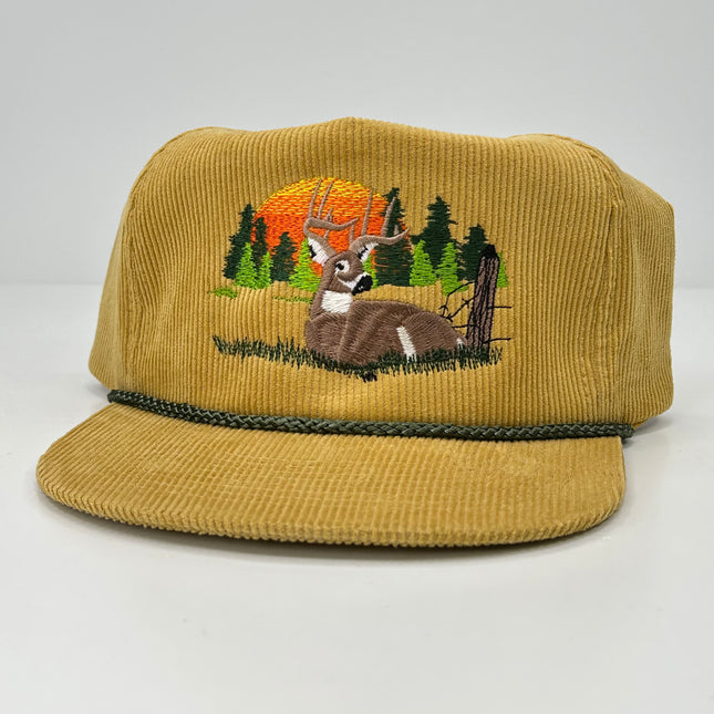 Deer Scene Rope Mustard Cordaroy Snapback Cap Hat Deer Hunting Custom Embroidered