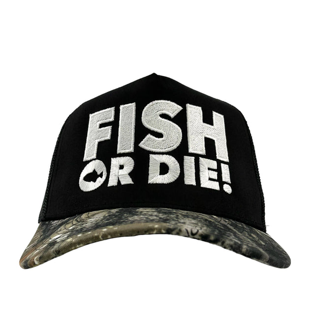 FISH OR DIE Black Mesh CAMO Trucker Cap Hat Custom Embroidered