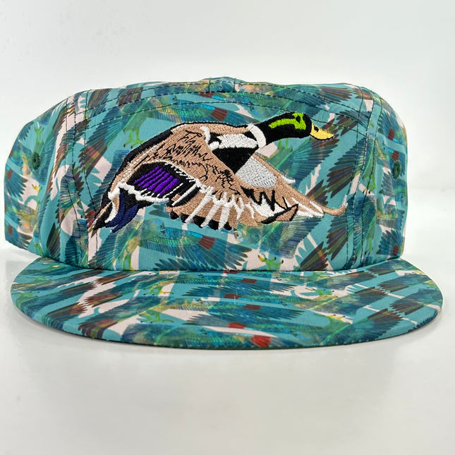 Mallard Duck Hunting on a feathered print 5 panel SnapBack Hat Cap