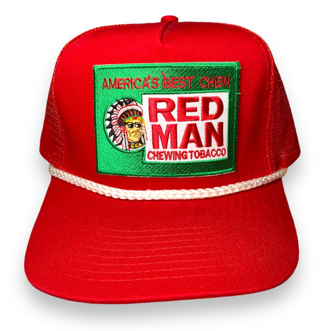 Custom Red Man Chewing Tobacco Vintage Red Mesh Curved Brim White Rope Snapback Patch Hat Cap