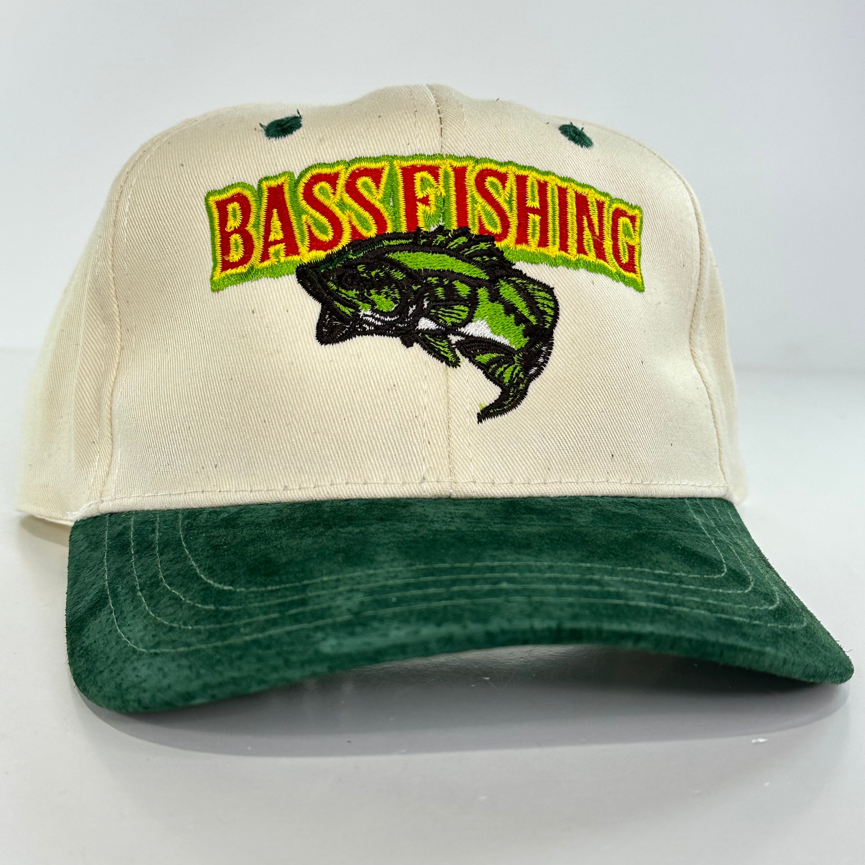 BASS FISHING Vintage Green Suede Brim SnapBack Cap Hat Custom Embroidered