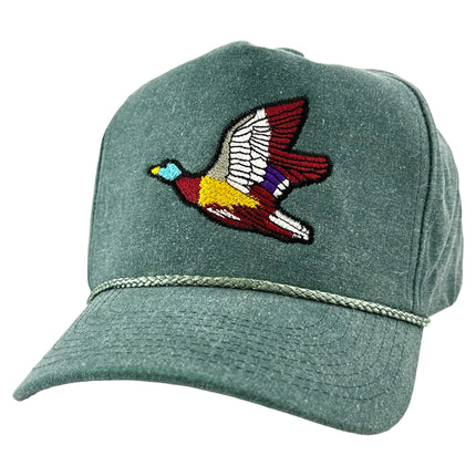 Mallard bird duck hunting on a green trucker SnapBack hat cap custom embroidery