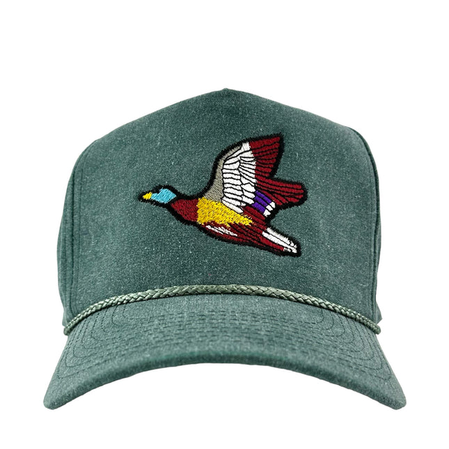 Mallard bird duck hunting on a green trucker SnapBack hat cap custom embroidery