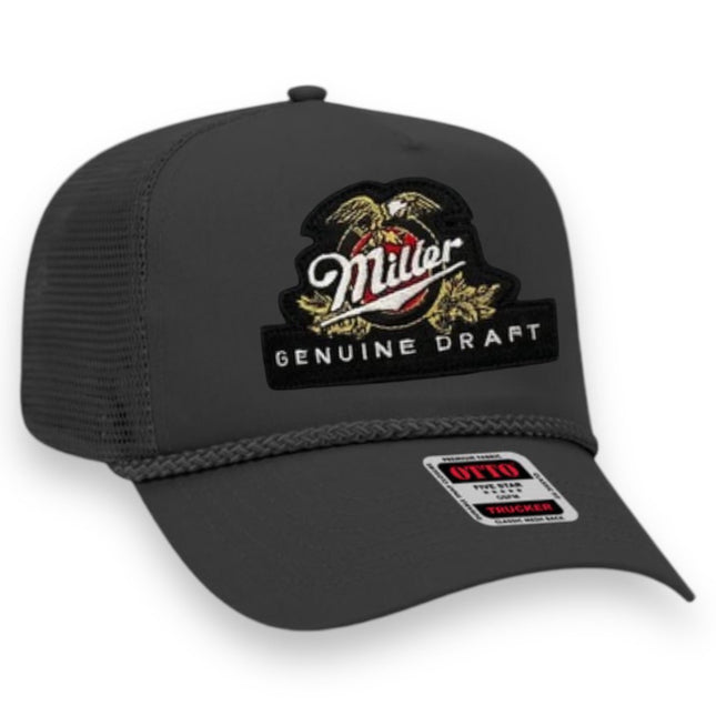 Custom order. Black curved brim SnapBack hat with miller patch