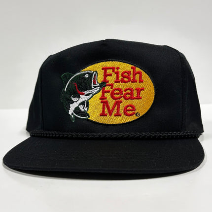 Fish Fear Me Black Rope Golf SnapBack Cap Hat Bass Fishing Custom Embroidered