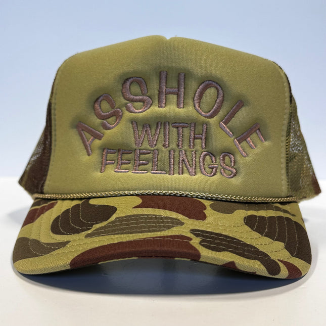 ASSHOLE WITH FEELING CAMO MESH SNAPBACK Trucker Cap Hat Funny Custom Embroidered