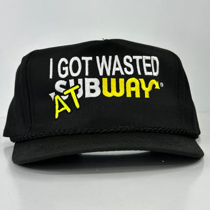 I GOT WASTED AT Subway Vintage Rope Black Mid Crown Strapback Cap Hat Added Custom Embroidery