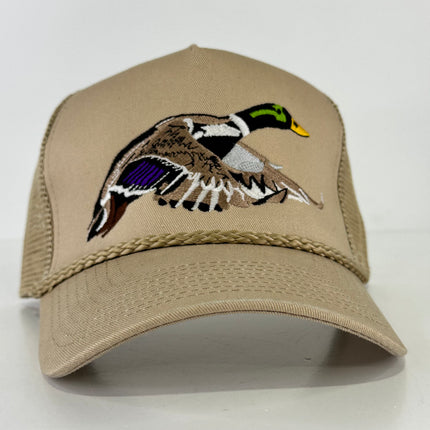 Mallard embroidered on a tan mesh trucker SnapBack hat cap custom embroidery