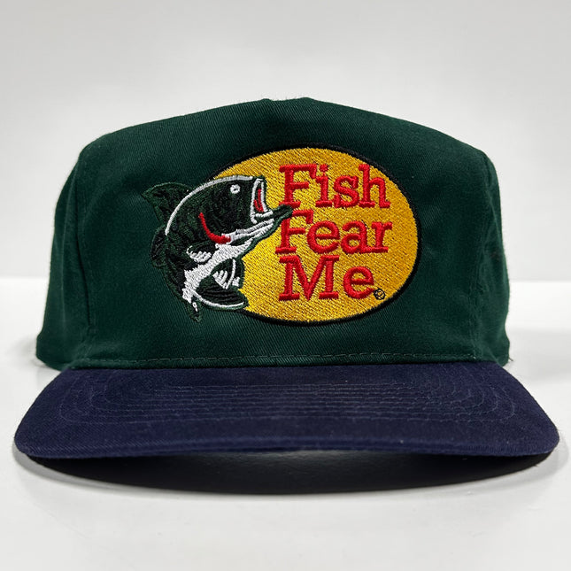 Fish Fear Me Tall Green Crown Strapback Cap Hat Bass Fishing Custom Embroidered