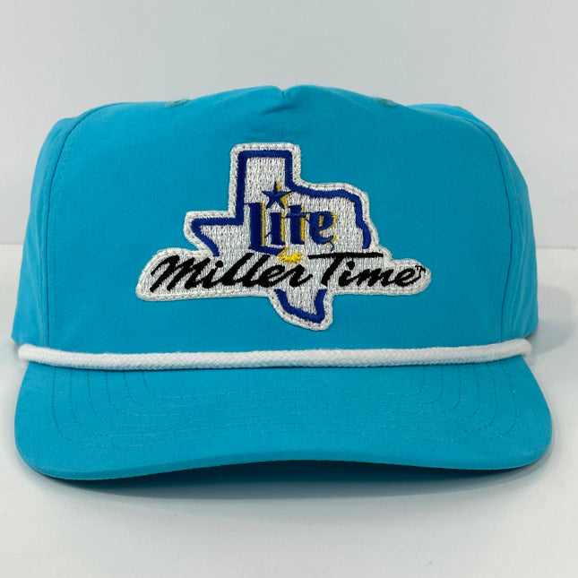 Custom Lite Miller Patch Time on a teal SnapBack Hat Cap With white Rope Sewed