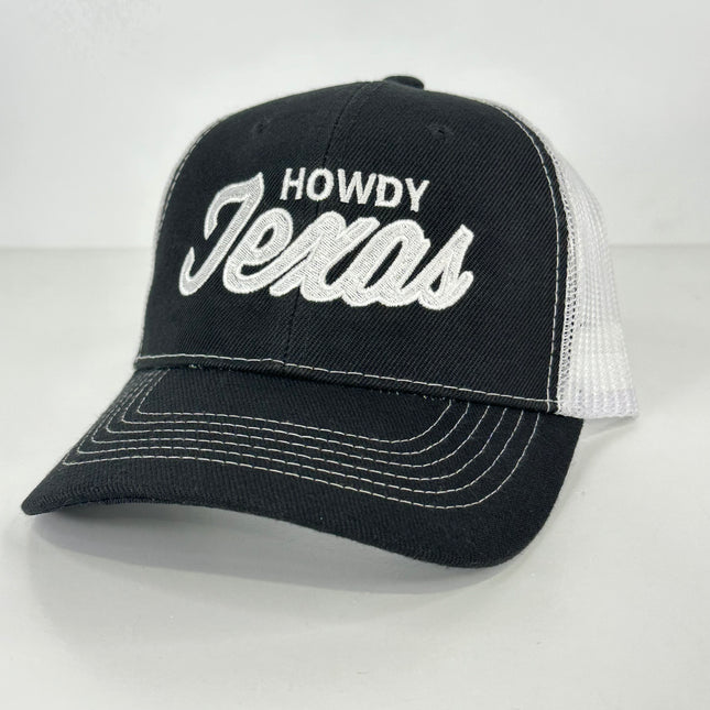 Howdy Texas on a Black White Mesh SnapBack Hat Cap Custom Embroidered