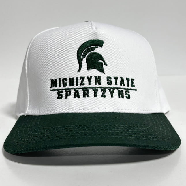 MICHIZYN State SPARTZYNS on White With Green Brim SnapBack Hat Cap Custom embroidery