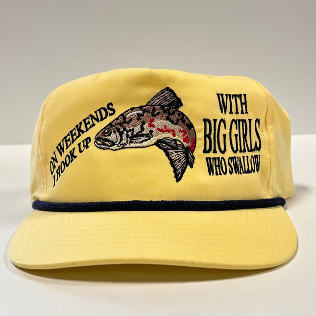 Brown Trout ON WEEKENDS I HOOK UP WITH BIG GIRLS WHO SWALLOW Funny Fishing Yellow SnapBack Rope Golf Hat Cap Custom Embroidered