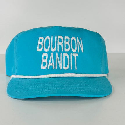 Bourbon Bandit on a turquoise SnapBack Hat Cap with rope custom embroidery