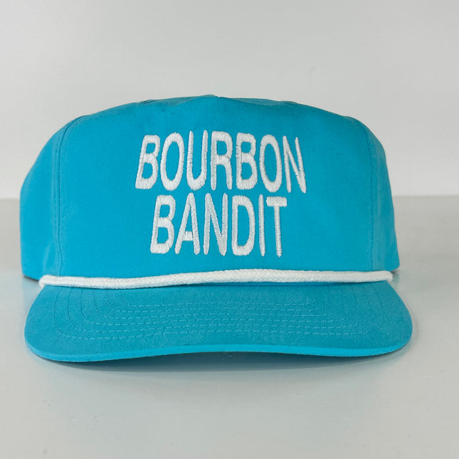 Bourbon Bandit on a turquoise SnapBack Hat Cap with rope custom embroidery