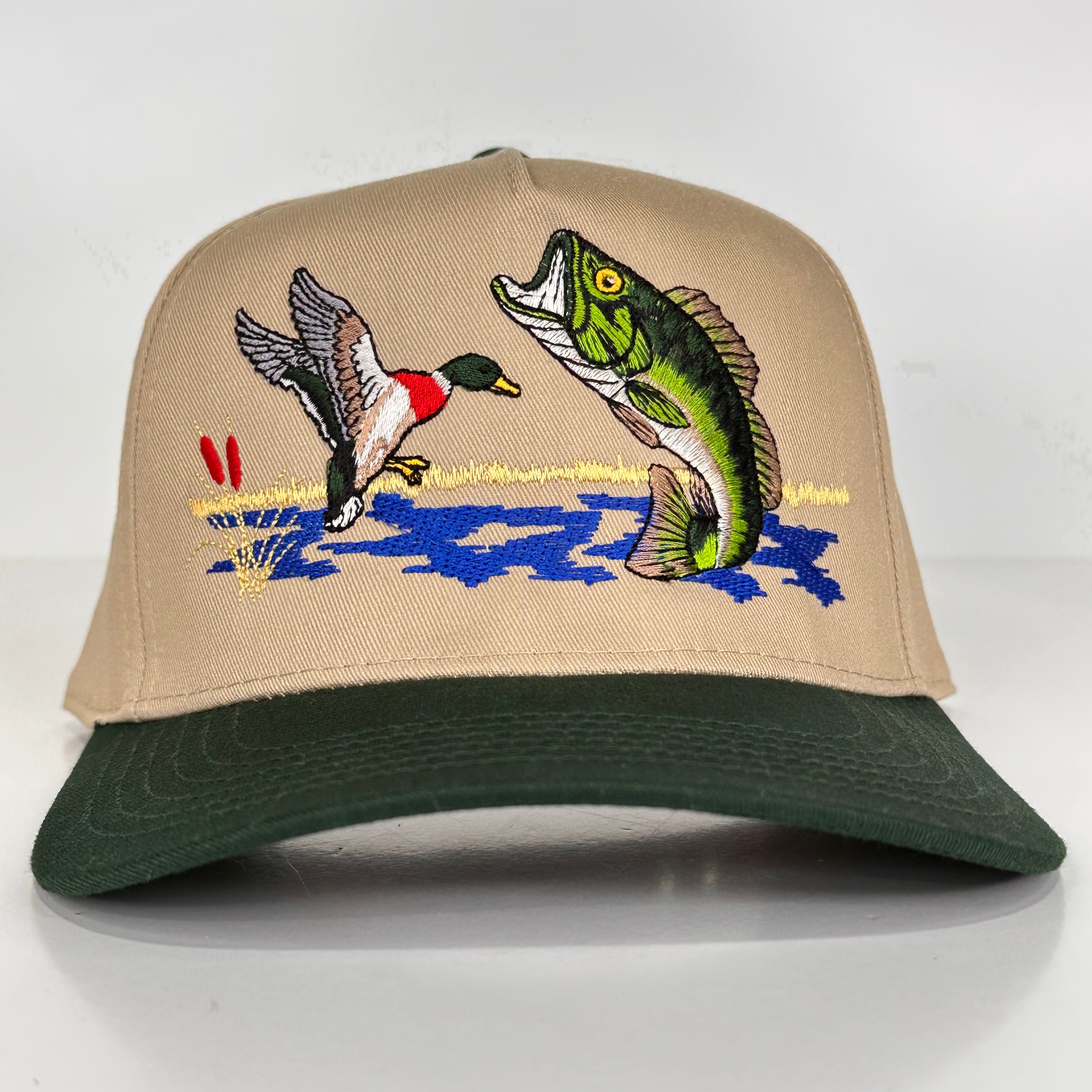 BASS FISHING & Mallard Duck Tan Trucker SnapBack Cap Hat Hunting Custom  Embroidered