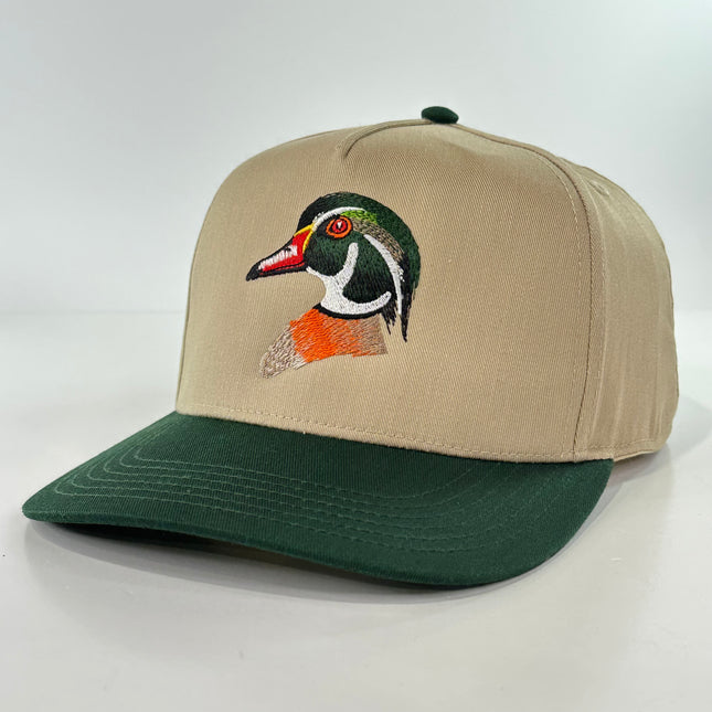 WOOD Duck on a tan crown green brim SnapBack Hat Cap Custom Embroidered