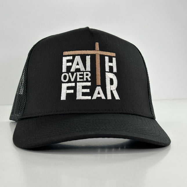 FAITH OVER FEAR BLACK MESH SNAPBACK TRUCKER CAP HAT CUSTOM EMBROIDERED