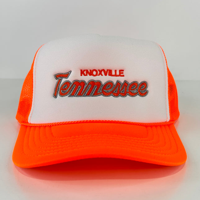 Knoxville Tennessee on an orange mesh trucker SnapBack Hat Cap Custom Embroidered