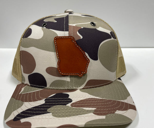 Leather head hat co state of Georgia genuine leather sewn on a Camo me –  Old School Hats