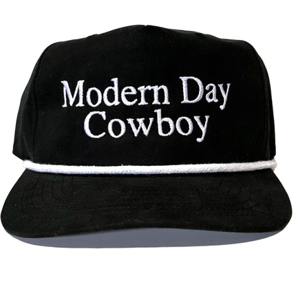 Modern Day Cowboy White Rope Black SnapBack Cap Hat Custom Embroidered