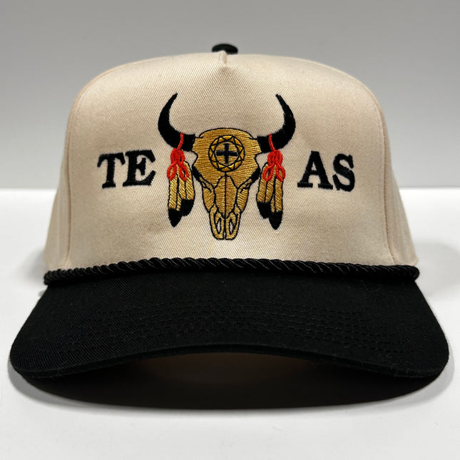 Texas Cow Skull With Feathers Black Rope Cream Crown SnapBack Cap Hat Custom Embroidered