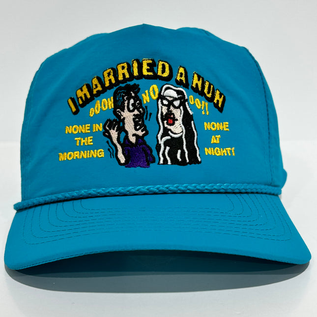 I MARRIED A NUN Vintage Teal Nylon SnapBack Cap Funny Dad Hat Custom Embroidered