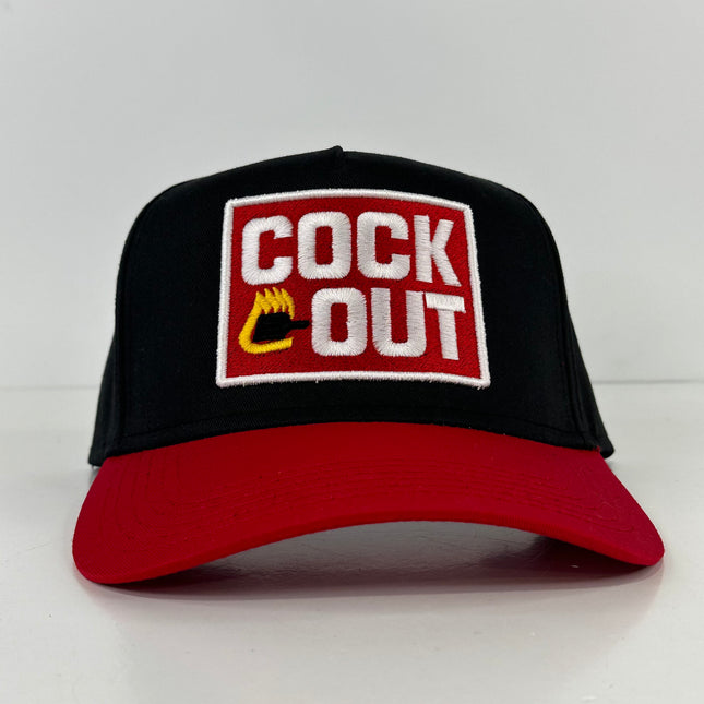 Cock Out Funny on a Black Crown Red Brim SnapBack Hat Cap Custom Embroidered