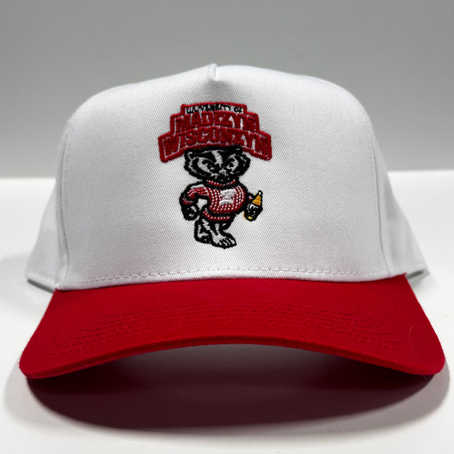 University of Madizyn Wisconzyn on a White Crown Red Brim Snapback Cap Hat Custom Embroidery