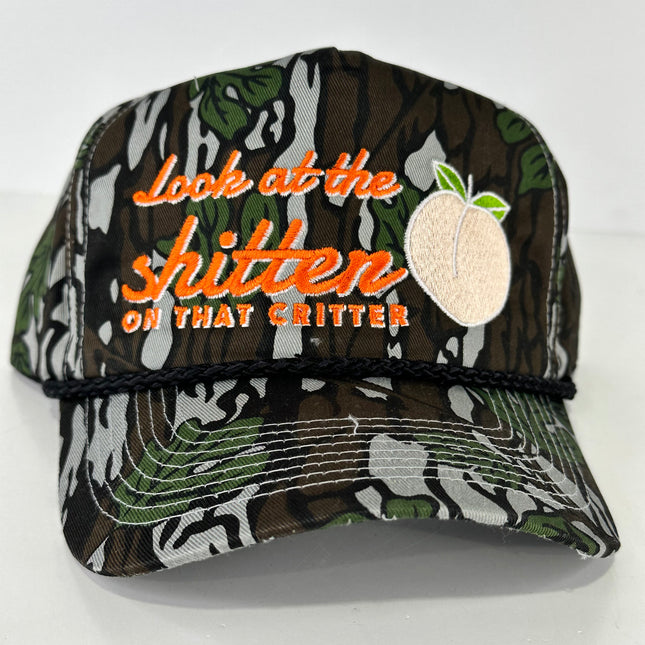 LOOK AT THAT SHITTER ON THAT CRITTER Vintage CAMO ROPE SNAPBACK BALL CAP FUNNY HUNTING CAMO HAT CUSTOM EMBROIDERED COLLAB Justin Stagner