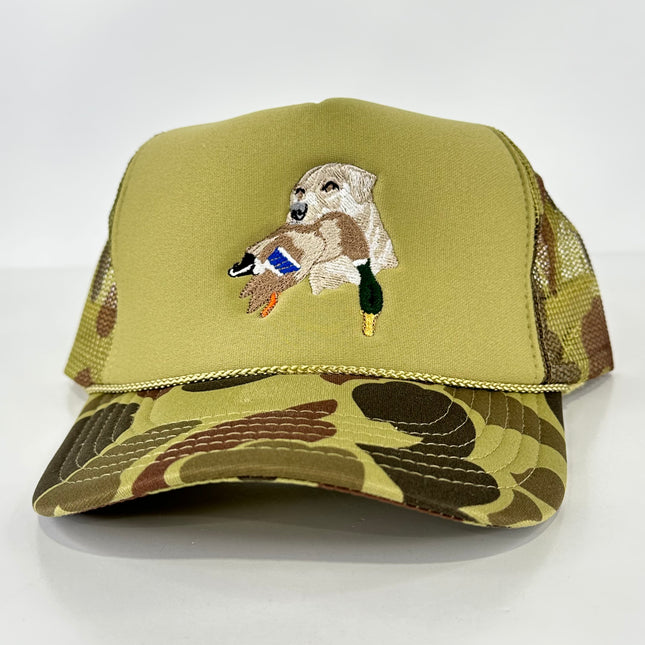 Lab Dog Duck Hunting on a Camo Mesh Trucker SnapBack Hat Cap Custom Embroidered