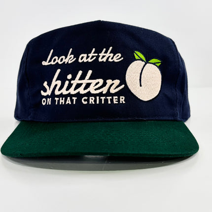 Look at that shitter on that critter on a blue crown green brim Strapback hat cap collab Justin Stagner custom embroidery