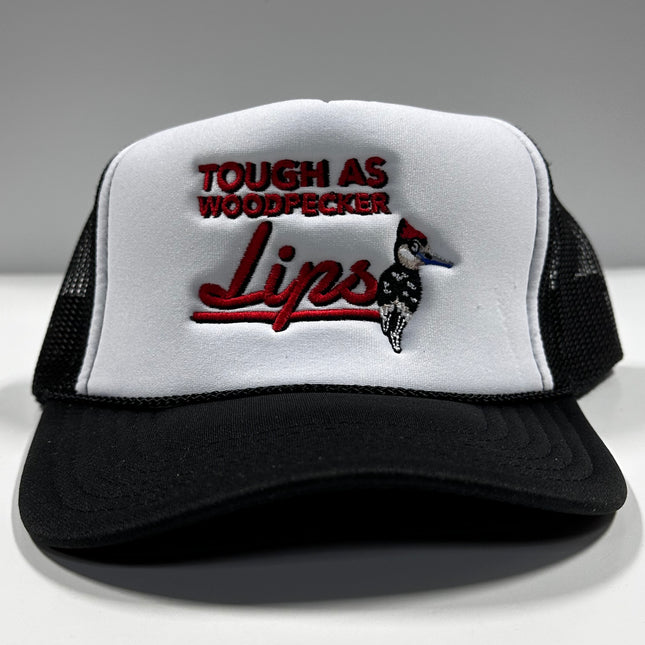 Tough as Woodpecker’s Lips Black Mesh Trucker Snapback Hat Cap Collab Justin Stagner Southern Grandpa Custom Embroidered