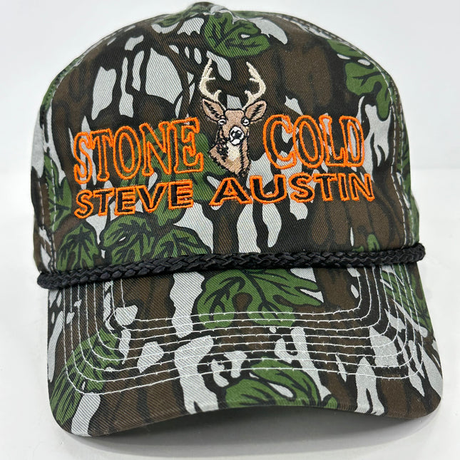 STONE COLD Hunting on a Vintage GREEN CAMO Rope SNAPBACK CAP Deer HAT CUSTOM EMBROIDERED