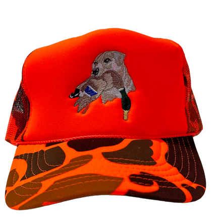 Lab Duck in Mouth Hunting Orange Camo Cap Hat Custom Embroidered