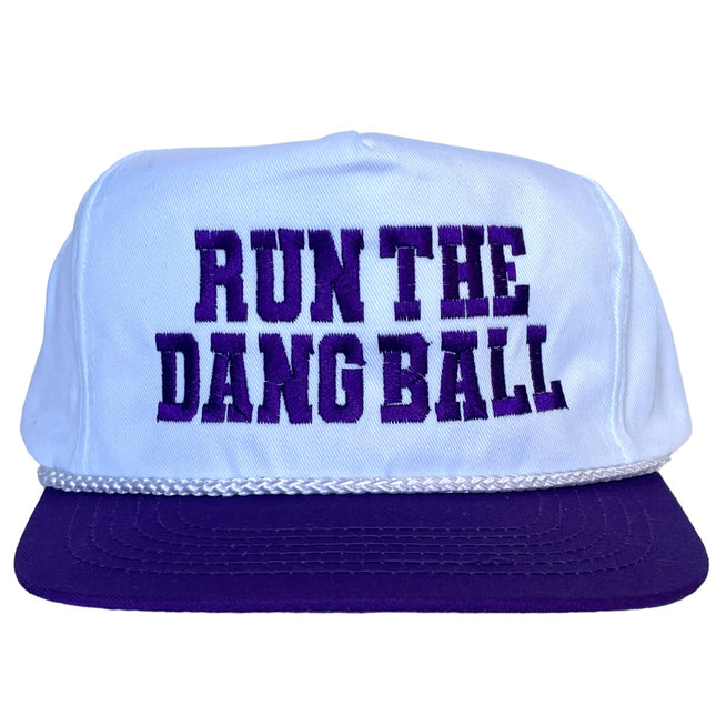 RUN THE DANG BALL Purple and White on a Vintage Rope Purple Brim Snapback Cap Hat Custom Embroidered