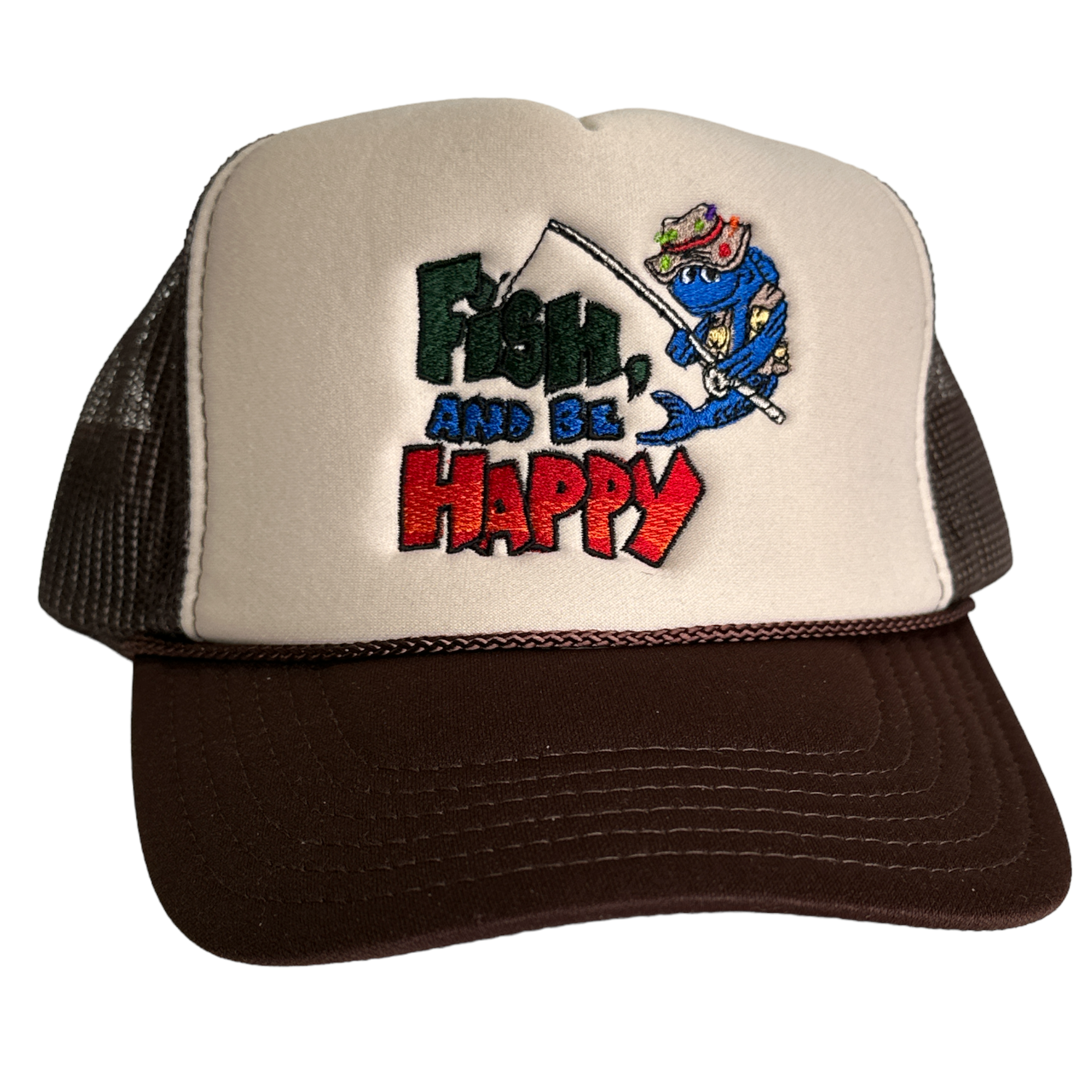 FISH AND BE HAPPY Brown Foam Mesh Trucker SnapBack Cap Hat Funny Fishi –  Old School Hats