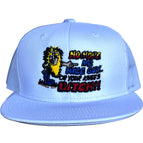 NO MORE MR NICE GUY ON YOUR KNEES White Mesh Trucker Flat Brim SnapBack  Funny Cap Hat Custom Embroidered