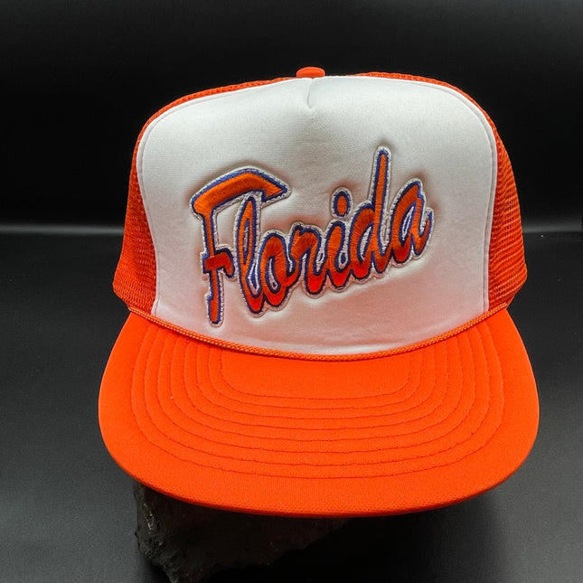 Custom Florida Vintage orange mesh Trucker snapback hat cat ready to ship