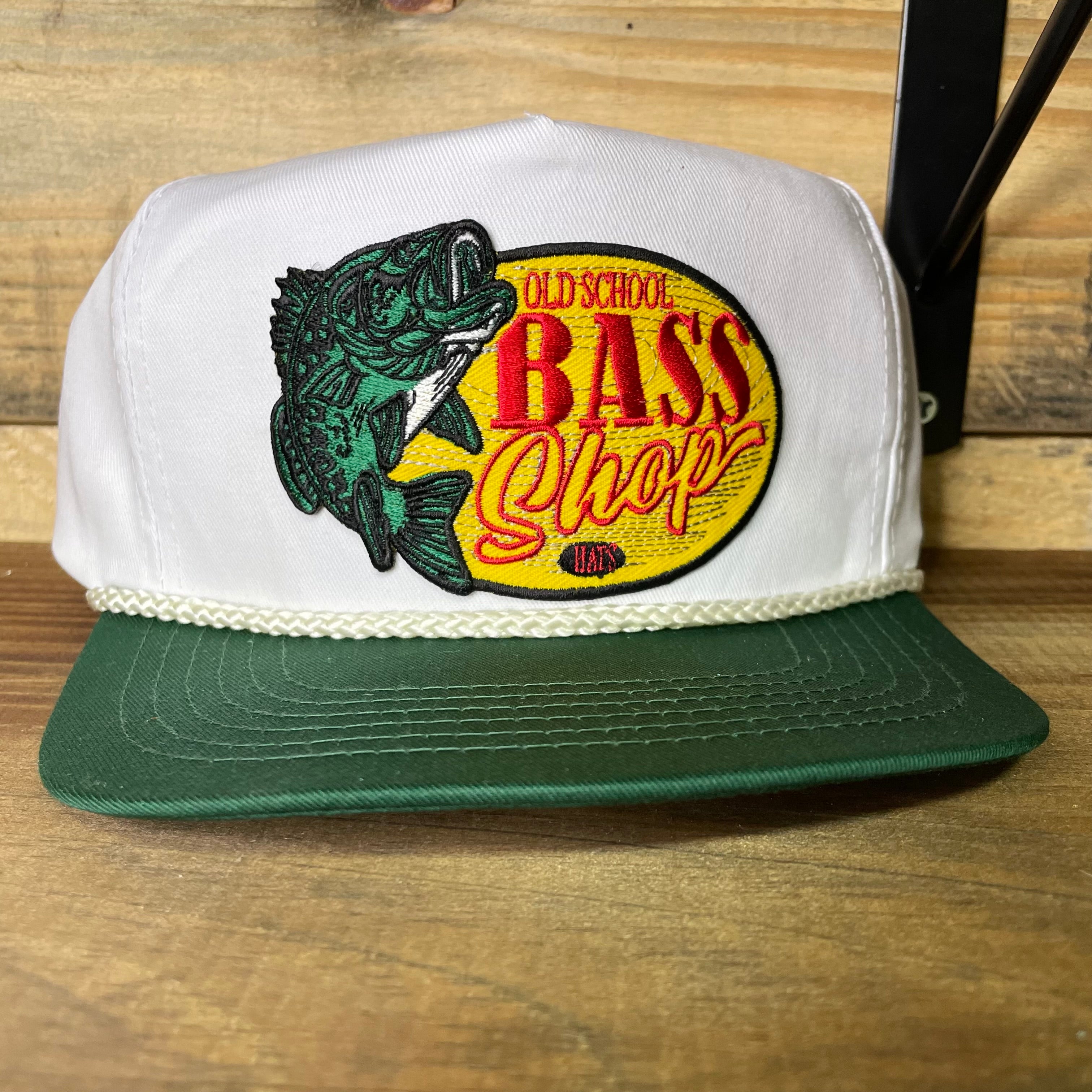 Old School Bass Fishing Shop Vintage Rope Green Brim White Mid Crown  Snapback Cap Hat